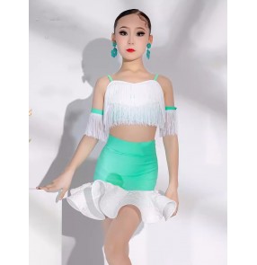 White with mint green fringe latin dance dresses for girls kids children salsa ballroom latin chacha performance costumes for Girls